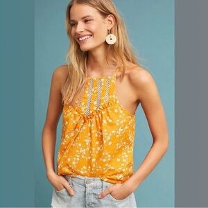 Maeve Anthropologie Martell Floral Cotton Lace Ruffle Yellow Halter Tank Top M